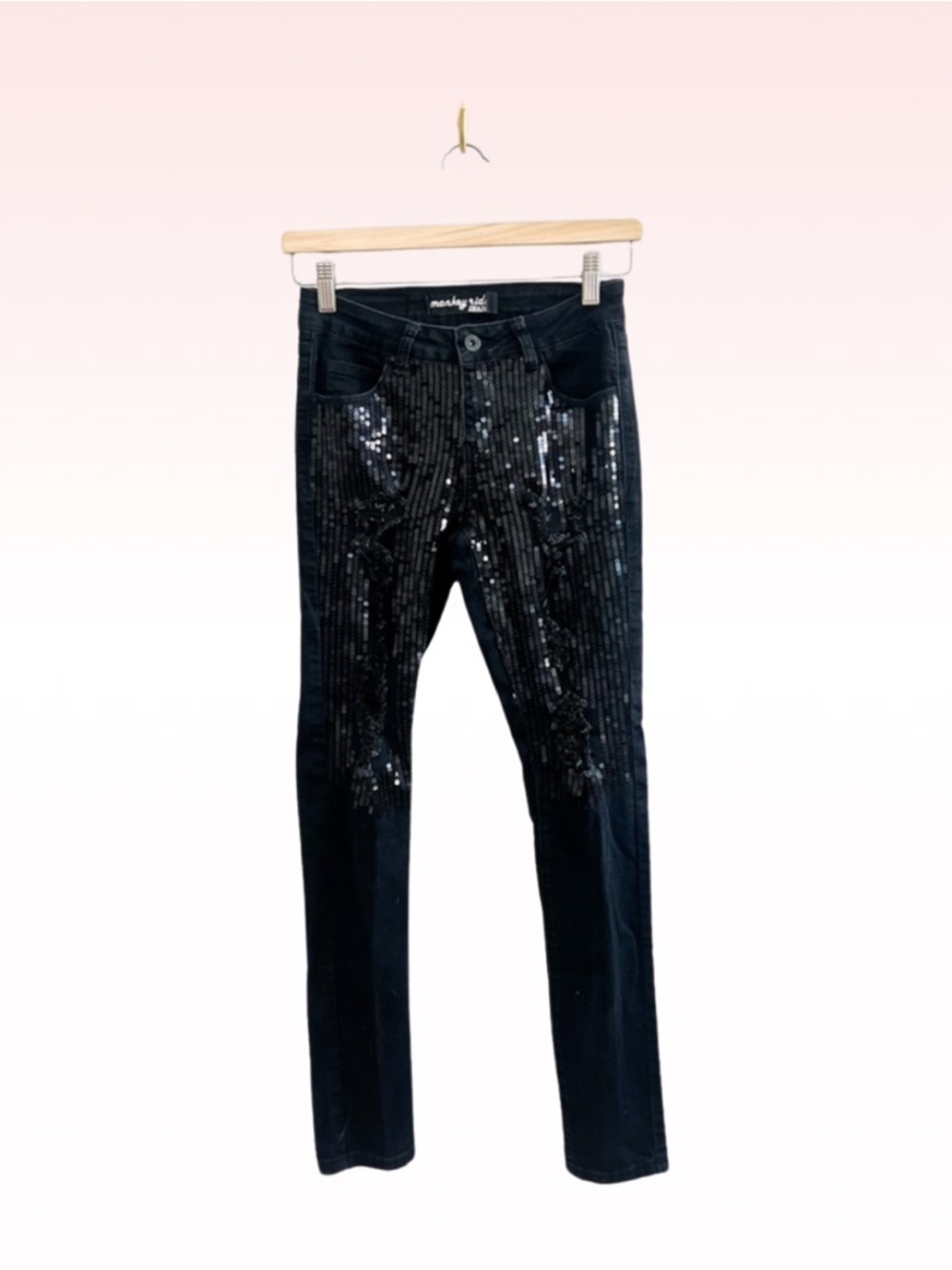MONKEY RIDE JEANS Black Distressed Sequin Jeans (Sz 3)